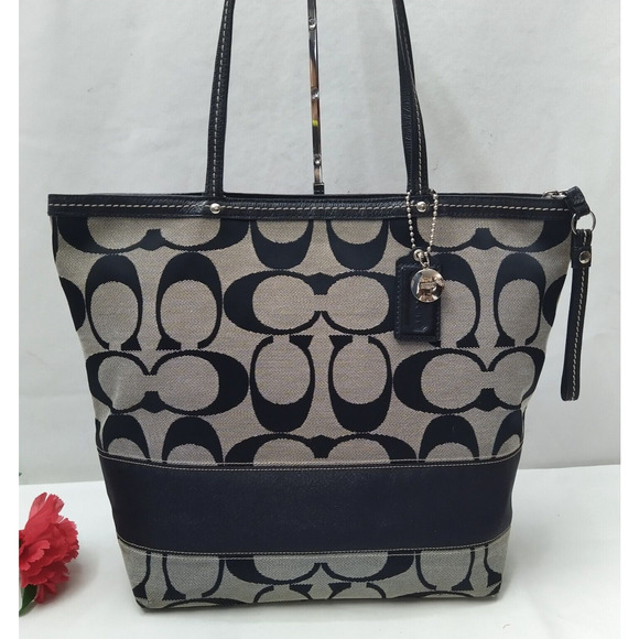 Coach Signature Black Canvas Stripe Double Handles Zipper Tote Shoulder Bag - Picture 2 of 16